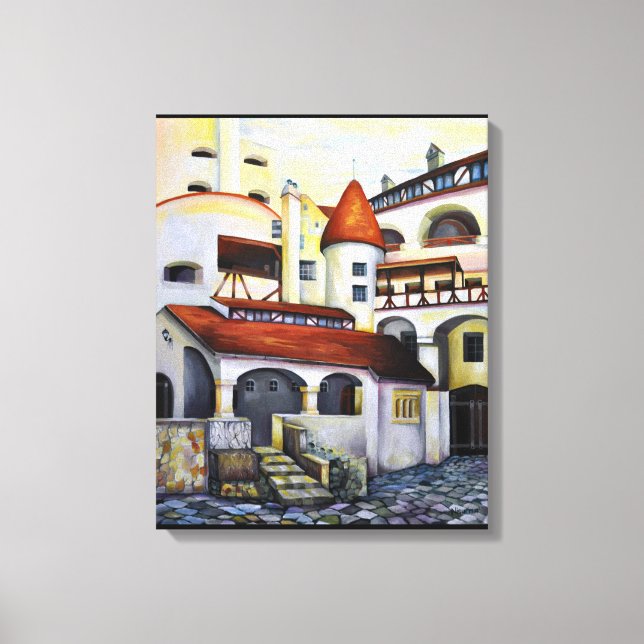 Impressão Em Tela Watercolor Dracula Castle Interior Courtyard (Frente)