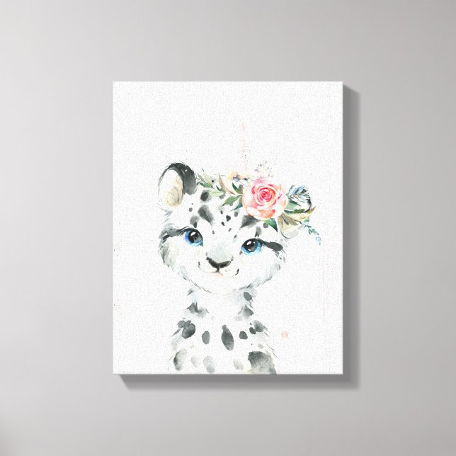 Impressão Em Tela Watercolor Floral Baby Snow Lepard (Frente)