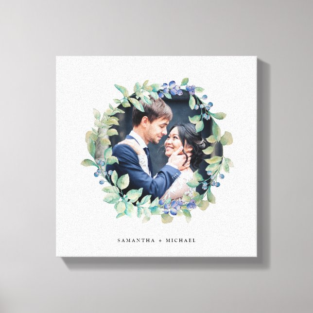 Impressão Em Tela Watercolor Greenery Wreath com Azul | Foto (Frente)