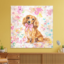 Impressão Em Tela Watercolor Long Hair Dachshund Pastel Floral