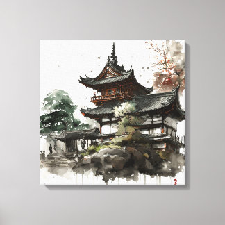 Impressão Em Tela Watercolor painting style of a japanese temple