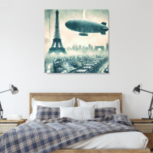 Impressão Em Tela Watercolor Paris Skyline com Dirigível e Eiffel