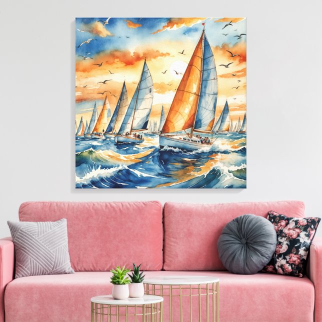 Impressão Em Tela Watercolor Sailboat Regatta (Insitu(Sala de estar))