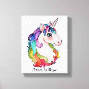 Impressão Em Tela Watercolor Unicorn Com Cabelo Arco-Íris