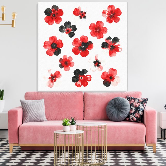 Impressão Em Tela Watercolour Red Black White Floral  (Insitu(Sala de estar))