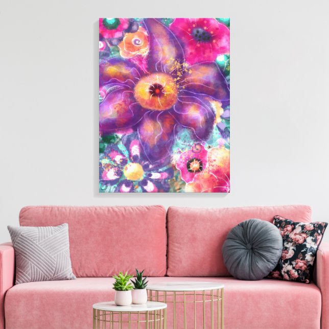Impressão Em Tela Whimsical Floral Abstract Art Teal Purple Pink (Insitu(Sala de estar))
