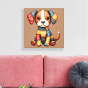 Impressão Em Tela Whimsical Patchwork Puppy Cottagecore Folk Art