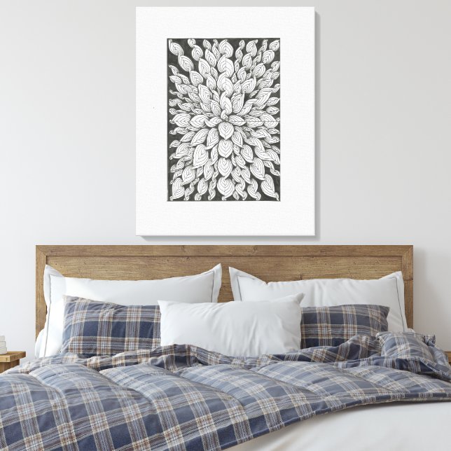 Impressão Em Tela Whispering Leaves: Minimal Black & White Doodle (Insitu(Quarto))