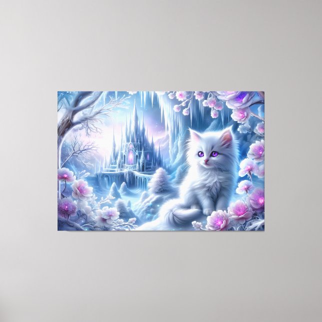 Impressão Em Tela White Kitten em Fantasy Ice Kingdom (Frente)