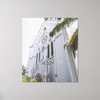 Impressão Em Tela White Neo Gothic Church Facade Framed by Palm Tree