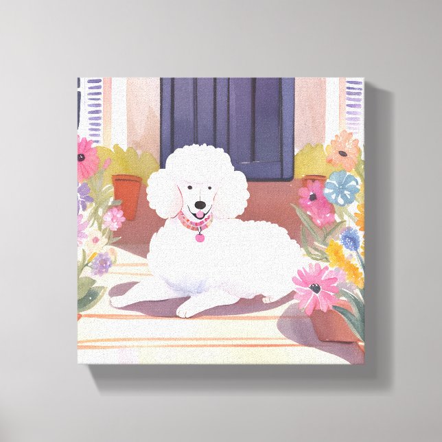 Impressão Em Tela White Poodle | Flores de Aquarela Cão Pet (Frente)