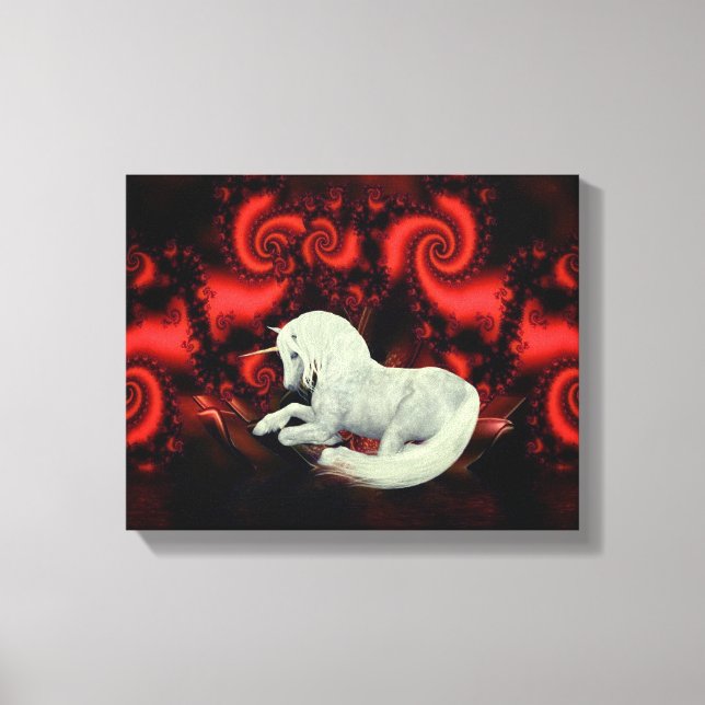 Impressão Em Tela White Unicorn Red Fractal Fantasy Horse Art (Frente)