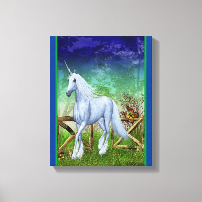 Impressão Em Tela White Unicorn Woodland Gate Fantasy Horart (Frente)