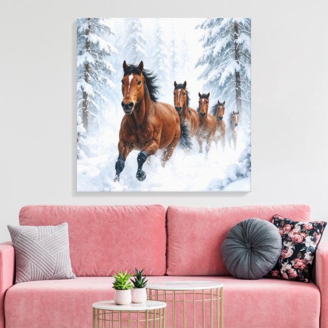 Impressão Em Tela Wild Horses Running Through a Snowy Forest (Insitu(Sala de estar))