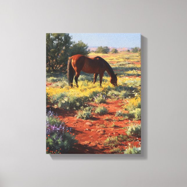 Impressão Em Tela Wildflower Desert Grazing Horse Art (Frente)