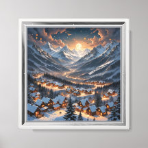"Winter Mountain Village under Moonlight - Cozy