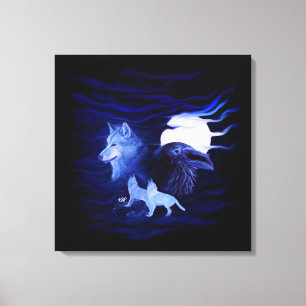 Impressão Em Tela Wolf e Raven com lua de cheio