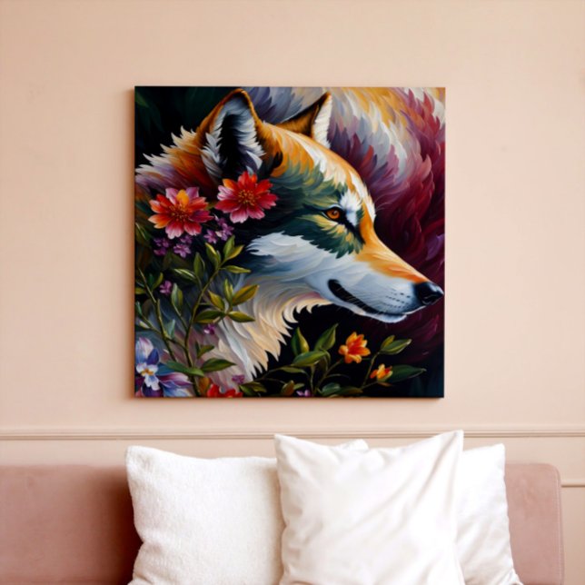 Impressão Em Tela Wolf Profile Floral Retrat Art (Multicolor floral wolf art on canvas print mockup.)