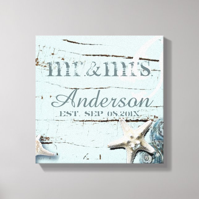 Impressão Em Tela wood BLue Seashells Beach Wedding mr e mrs (Frente)