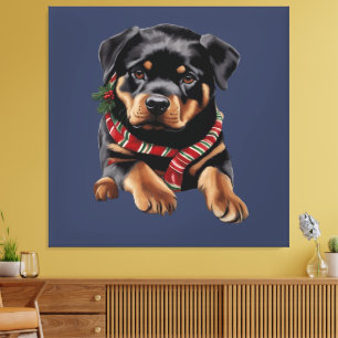 Impressão Em Tela Xmas Rottweiler Cachorro Natal Vestindo Um Scarf