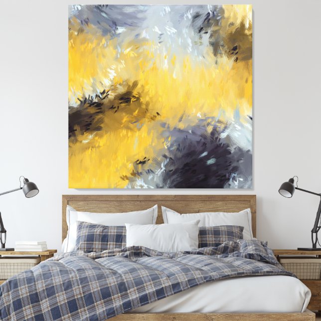 Impressão Em Tela Yellow Gray White Abstract Brushstrokes (Insitu(Quarto))