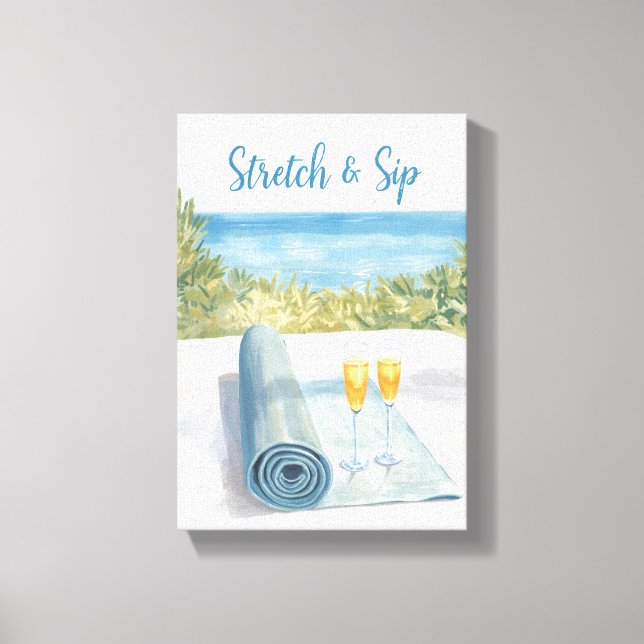 Impressão Em Tela Yoga Stretch and Sip with ocean background (Frente)