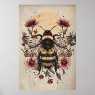 Impressão Floral Abelha Sol, Arte Botânica Retro (