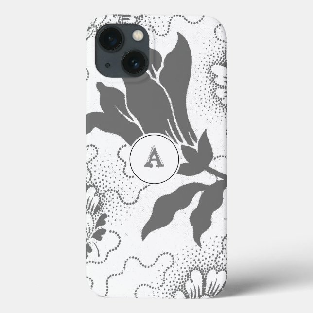 Impressão Floral Branco De Cinza Simples Com Monog (Verso)