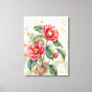 Impressão Floral Camélia Rosa em Aquarela em Tela