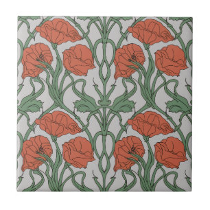 Impressão Floral de Papoula Vermelha Art Nouveau