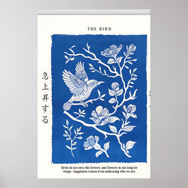 Impressão Japonesa de Linóleo de Pássaro Floral Az (Frente)