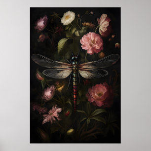 Impressão Libélula Dark Academia, Flor Vintage