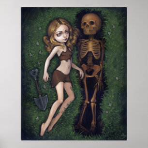 Impressão lowbrow de esqueleto gótico grave raso