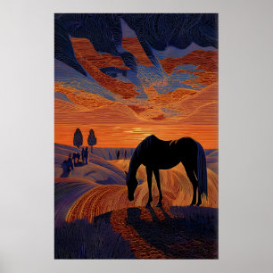Impressão Minimalista de Cavalo ao Pôr do Sol, Sil