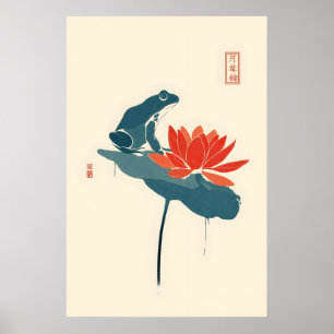 Impressão Minimalista Japonesa de Rã e Lótus