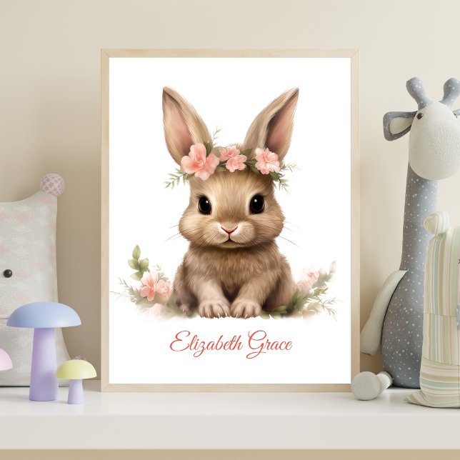 Impressão Personalizada de Coelhinho Bebê com Flor (Baby Bunny Pink Flowers Personalized Nursery Wall Art poster print)