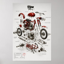 Impressão Técnica Explodida de Motocicleta Vintage