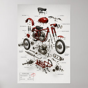 Impressão Técnica Explodida de Motocicleta Vintage