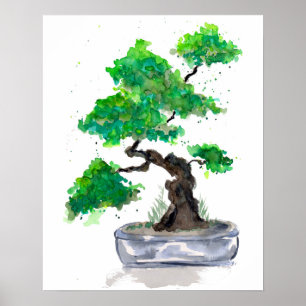Impressão verde do poster da aguarela dos bonsais
