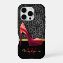 Impressão vermelho alto e Damask com monograma