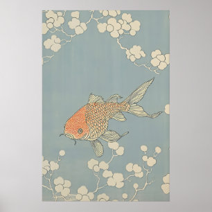 Impressão Vintage de Peixes Dourados Japoneses - J