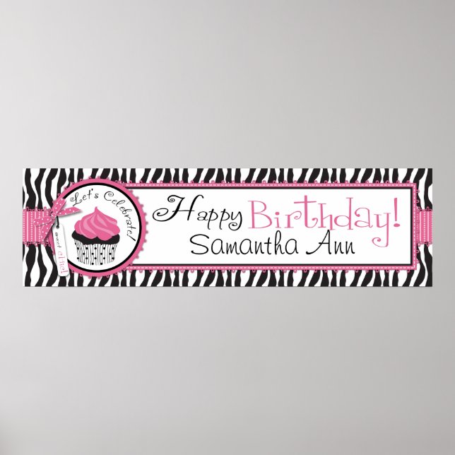 Impressão Zebra e Banner de Aniversário do Cupcake (Frente)