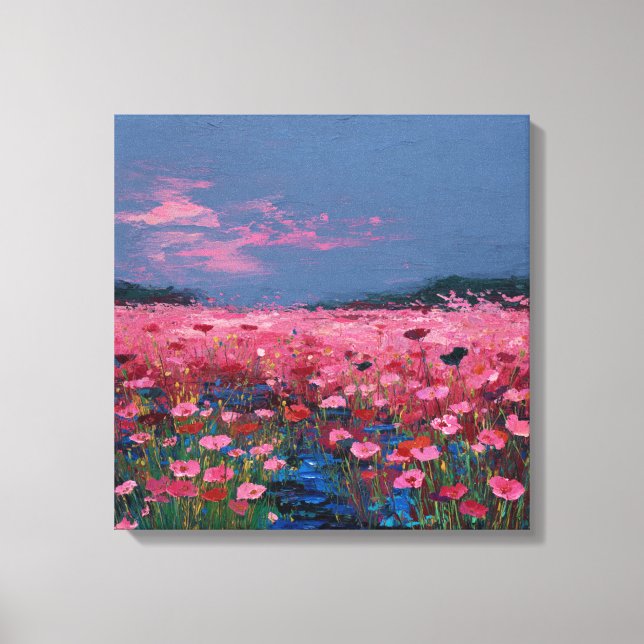 Impressionist Pink Poppy Field Textured Canvas Wal (Frente)