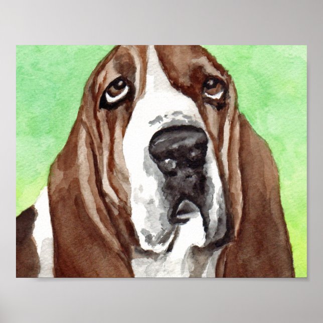 Impressões de Arte de Aquarela de Hound Basset (Frente)