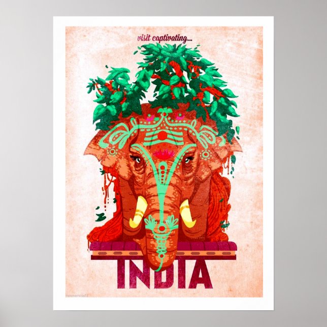 Índia, elefante vermelho, pôster de viagem vintage (Frente)