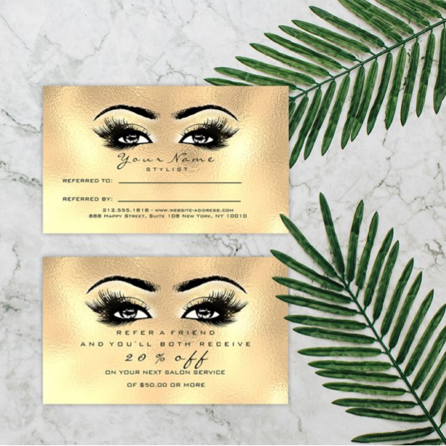 Indicação Extensão de Lashes de Maquiagem Dourada do Cartão  (Salon Referral Card Gold Makeup Lashes Extension)