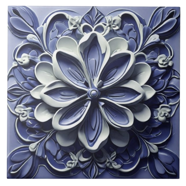 Indigo Azulejo Blue Faux Alivio Floral Português (Frente)