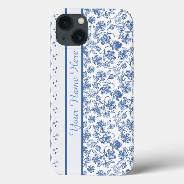 Indigo Floral Faux Lace Samsung Galaxy Nota 4 Caso (Verso)