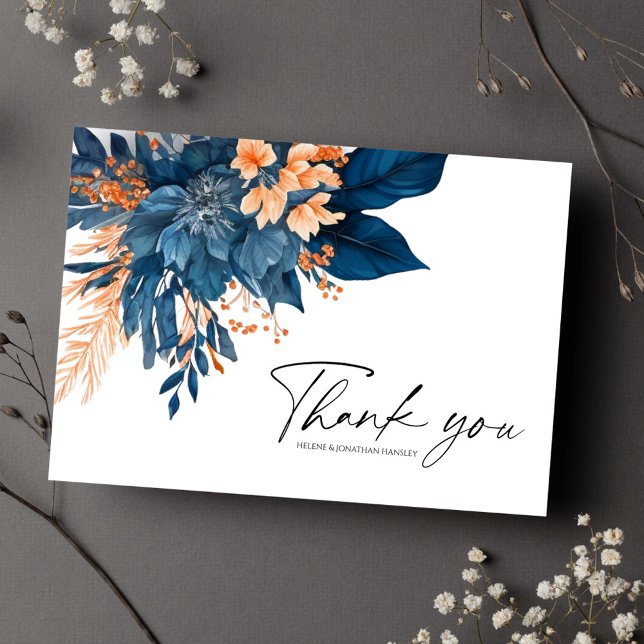 Índigo Floral Moderno Agradecimento de Casamento E (Floral Indigo Rust Modern Wedding Thank You)