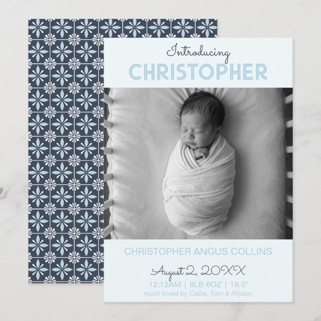 Indigo Modern Tile Birth Announcement Card (Frente/Verso)